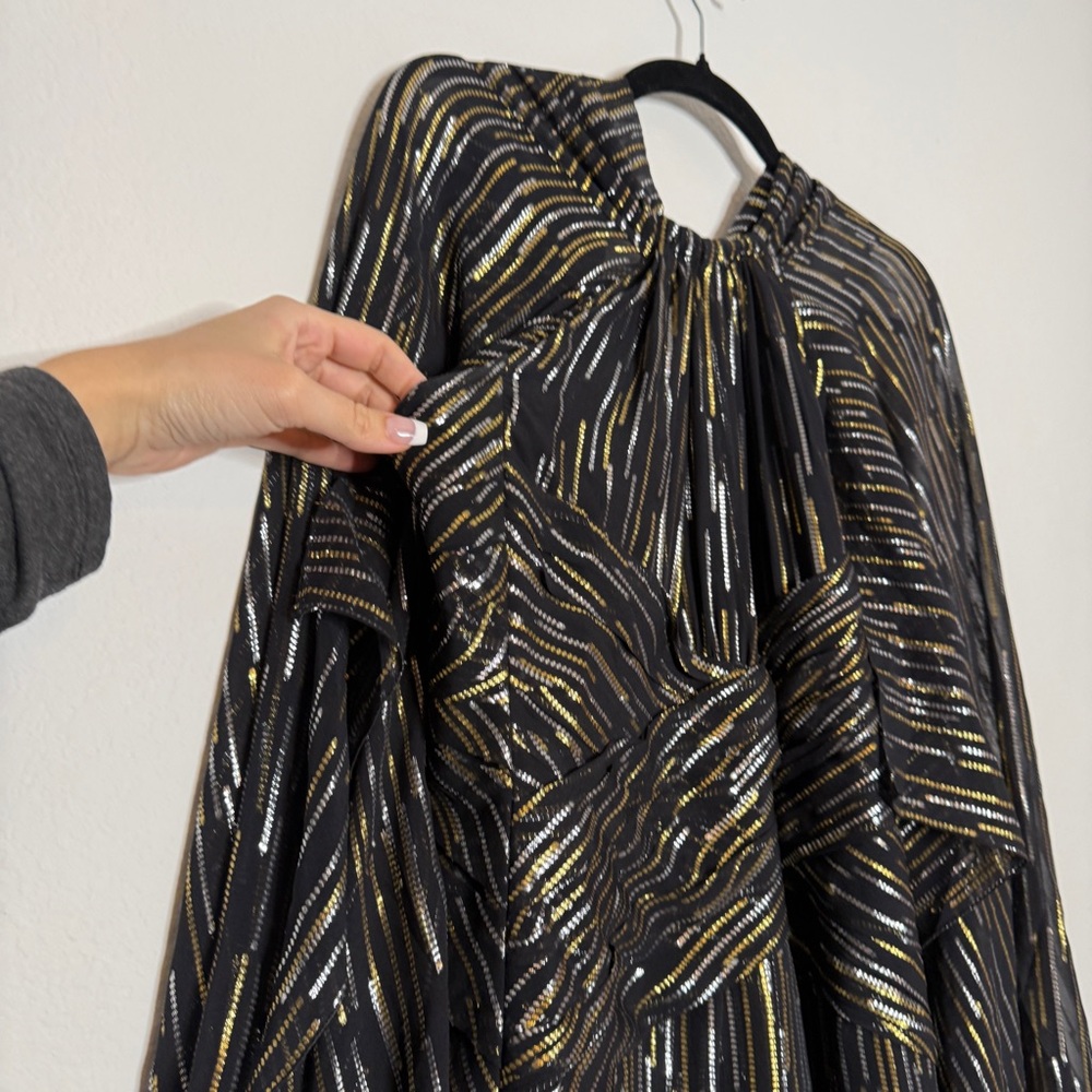 Peter Pilotto Gown Silk Metallic Caped Black Gold Silver Thread High Neck Size 6 - Picture 5 of 12